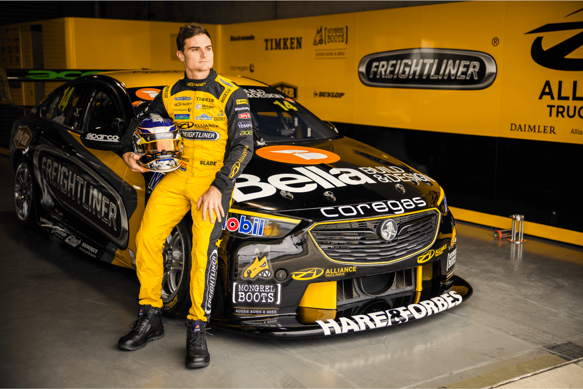 Motorsport car with bella design sponsor banner