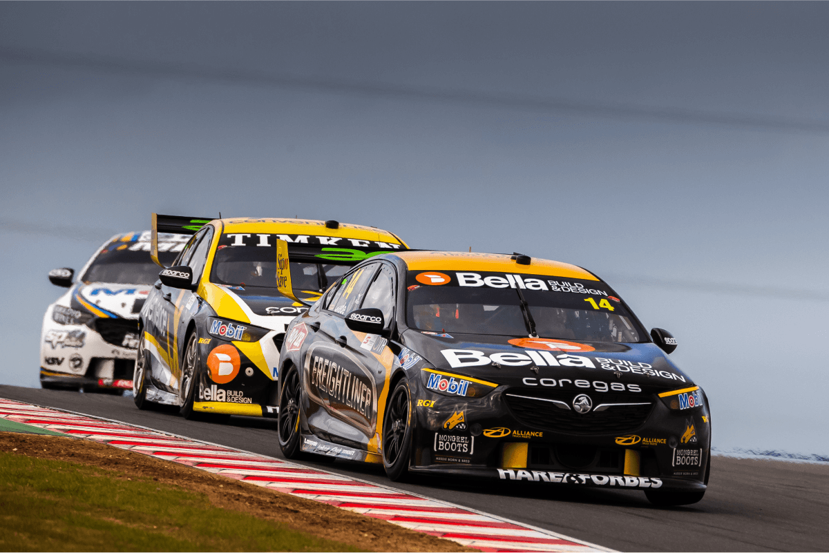 Motorsport car with bella design sponsor banner